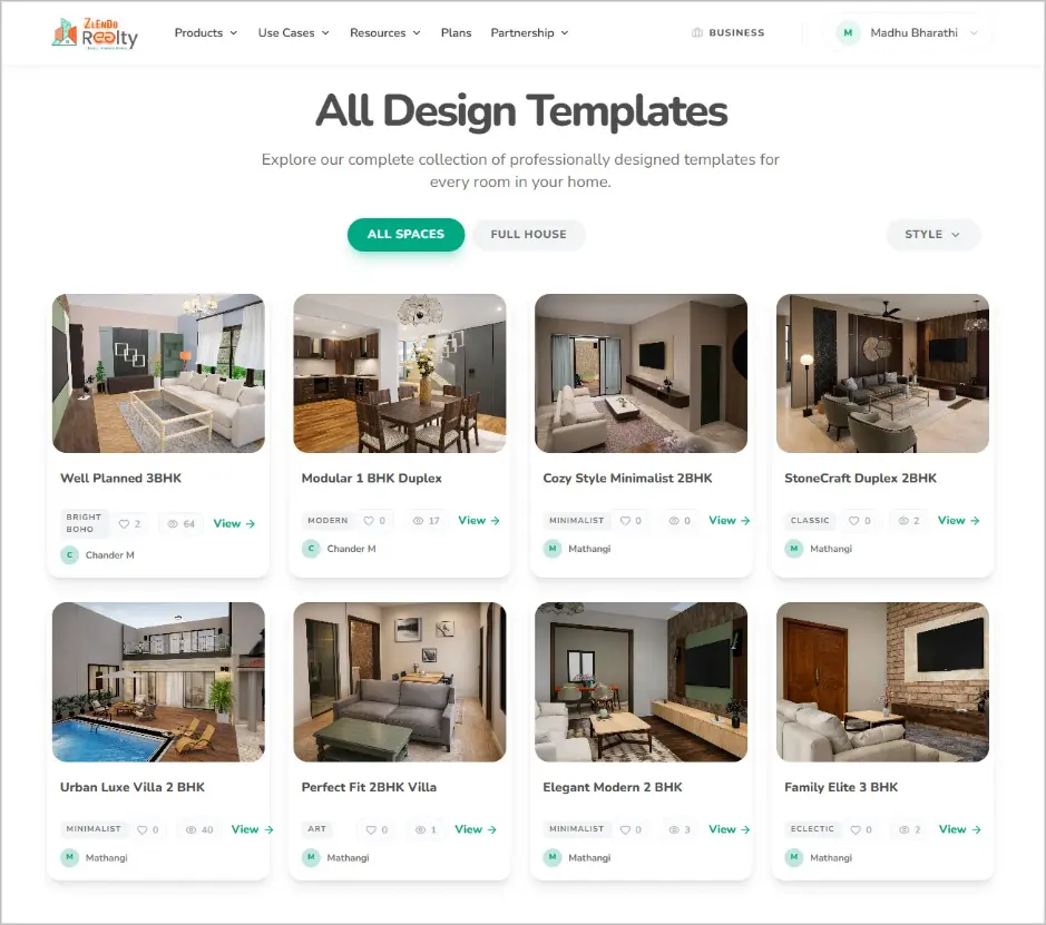 Zlendo Realty all design templates page showing smart home interior layouts including 3BHK, 2BHK duplex and villa designs for smart electrical planning