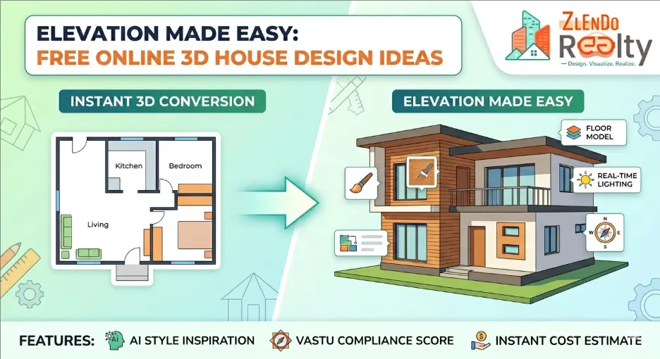 Zlendo Realty 2D to 3D house design conversion showing floor plan to 3D elevation with real-time lighting, Vastu compliance, and instant cost estimate